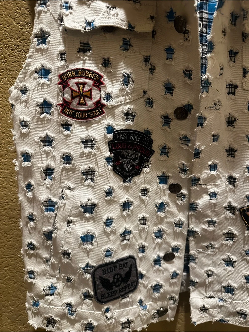 Imperious Biker, Motorcycle White Star-Print Patchwork Denim Vest